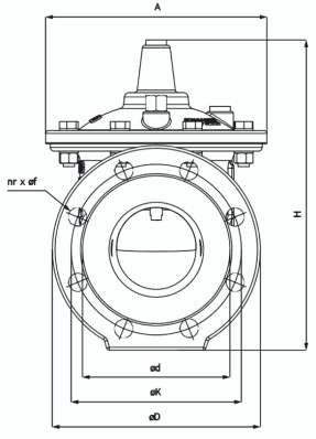 Reduced bore valve — front view dimensions A, H, Ød, ØK, ØD